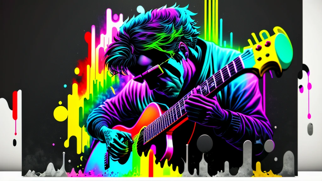 Close-up of a man playing blues guitar on a black background,  Colorful graffiti, Rainbow illustration,  Colors bleed,  computer art,  Beautiful 3D rendering, 