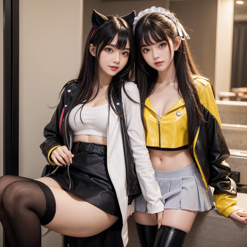 bangs down,beautiful girl,Maid clotheasterpiece,perfect face,perfect breasts,long hair,Outstanding style,stimulating,Cute outfits,Horny girl,double eyelid,Naughty Girls,Erotic and cute,mini skirt,ribbon on uniform,colorful hair color,yellow eyes,leather jacket,horny girl,Knee-high boots,
Colorful,multicoloured,future fashion,smile,,zipper bra,Multicolored clothing