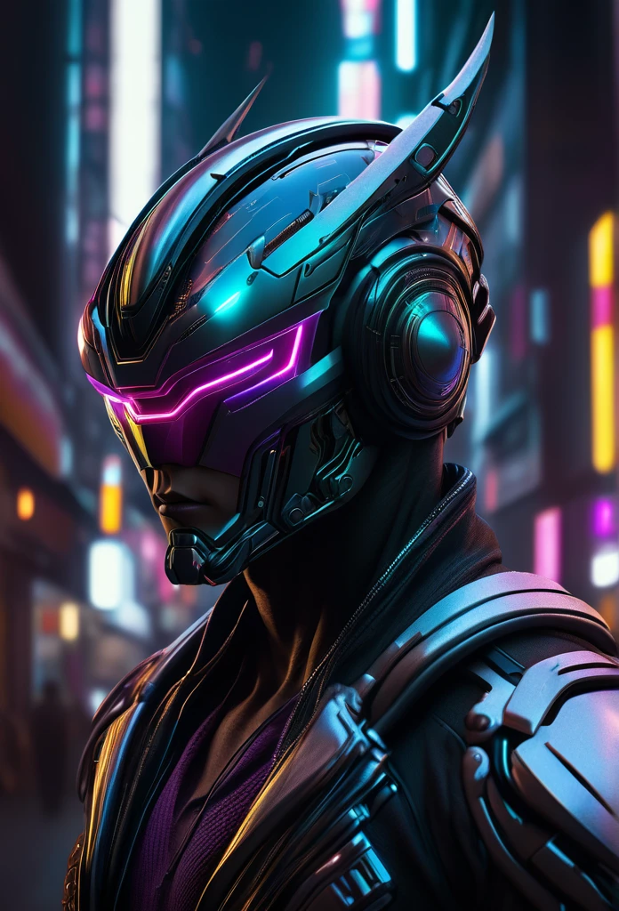 a muscular cyberpunk, futuristic cosmic robot faceless helmet, masculine design, wearing cyberpunk street clothes, highly detailed, cinematic lighting, photorealistic, hyper realistic, 8k,ultra detailed, intricate details,  advanced technology,  half body portrait