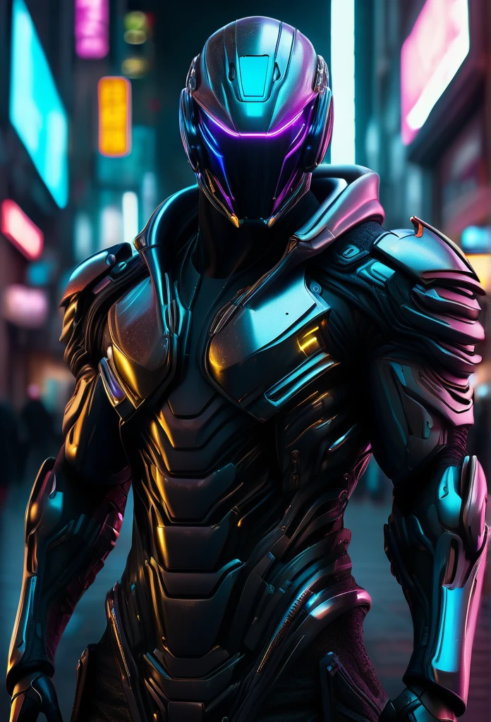 a muscular cyberpunk, futuristic cosmic robot faceless helmet, masculine design, wearing cyberpunk street clothes, highly detailed, cinematic lighting, photorealistic, hyper realistic, 8k,ultra detailed, intricate details, advanced technology, half body portrait