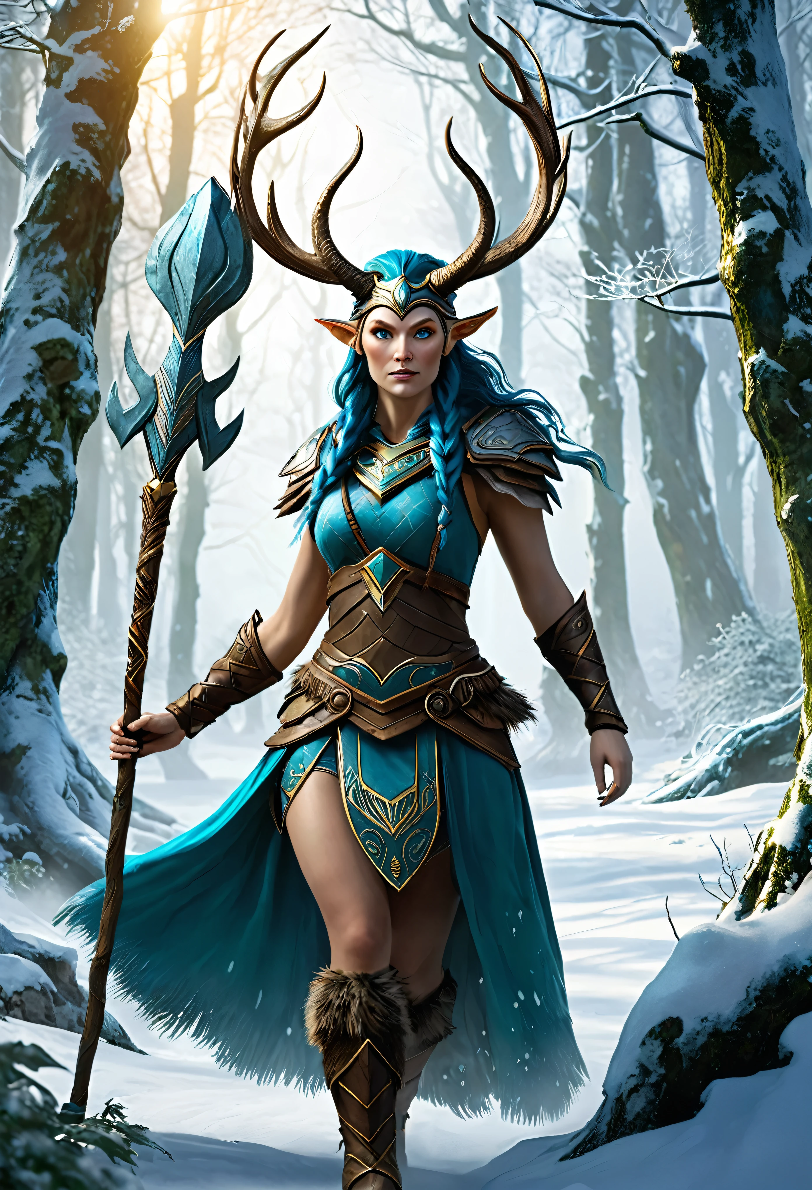 "Create a unique Satyress character rooted in Nordic mythology, blending her traditional woodland and nature-bound traits with the mystical prowess of Valkyries. She embarks on a quest to rescue a stolen artifact from a cunning frost giant, forging an unlikely alliance with a mischievous Loki along the way."