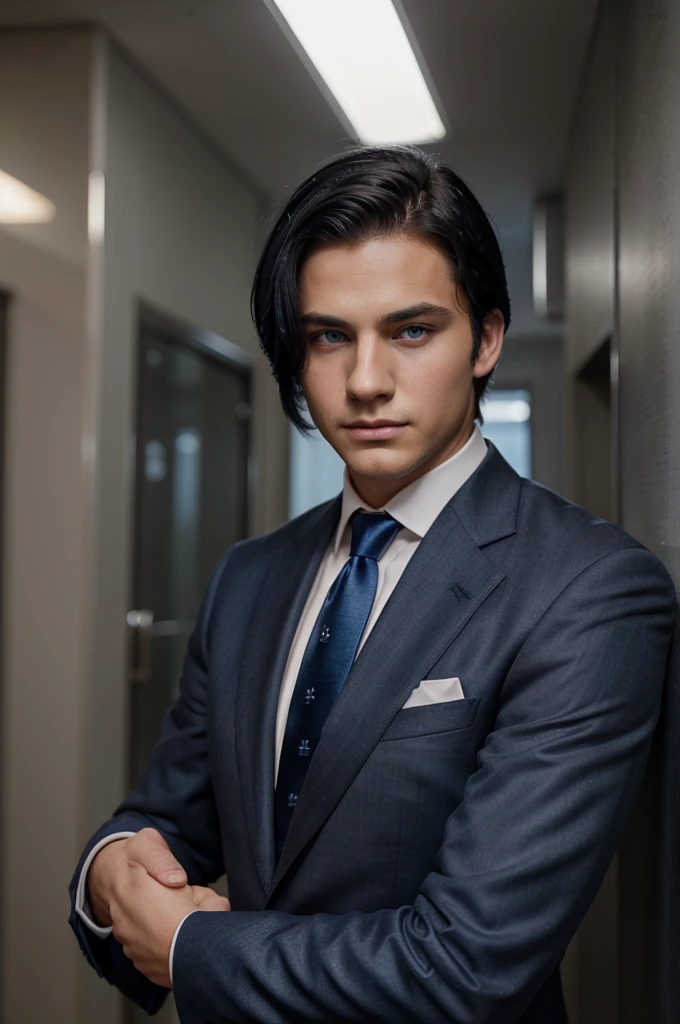 The handsome man, with blue eyes and neatly combed black hair wearing a suit and dark blue tie, has a handsome face, neat hair, and is 18 years old.