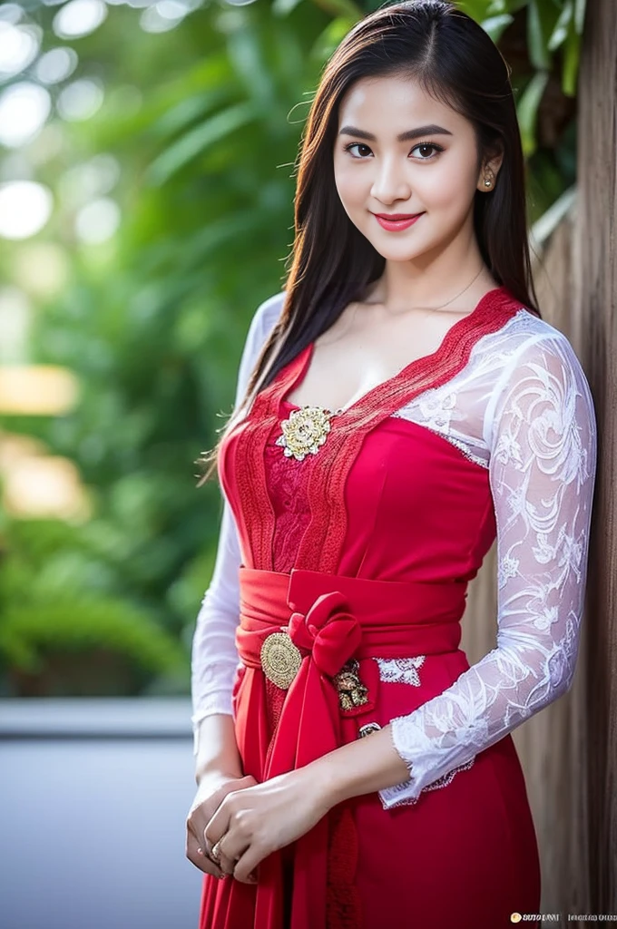 wearing red kebaya, (RAW photo, best quality), (realistic, photo-realistic:1.4), masterpiece, an extremely delicate and beautiful, extremely detailed, 2k wallpaper, Amazing, finely detail, extremely detailed CG unity 8k wallpaper, ultra-detailed, high resolution, soft light, beautiful detailed girl, extremely detailed eyes and face, beautiful detailed nose, beautiful detailed eyes, cinematic lighting, dramatic lighting, detailed background, background fantasy setting, night town, night time, on the roof, moonlight, dark theme, HIBISCUS deep forest background, perfect anatomy, soft light, smiling, 1girl