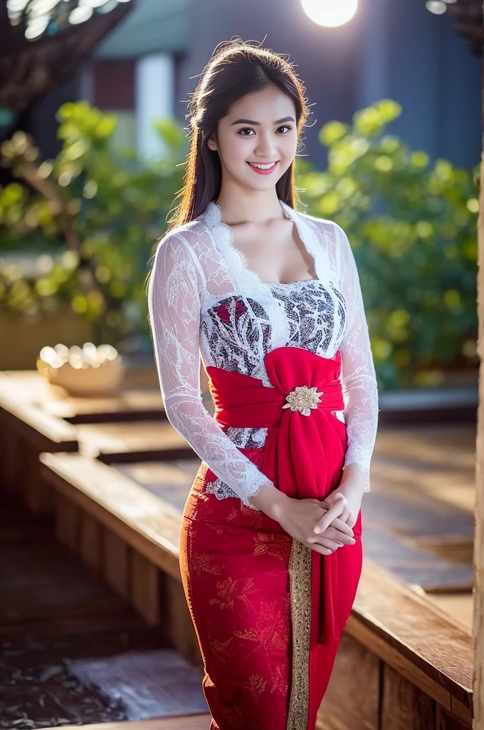 wearing red kebaya, (RAW photo, best quality), (realistic, photo-realistic:1.4), masterpiece, an extremely delicate and beautiful, extremely detailed, 2k wallpaper, Amazing, finely detail, extremely detailed CG unity 8k wallpaper, ultra-detailed, high resolution, soft light, beautiful detailed girl, extremely detailed eyes and face, beautiful detailed nose, beautiful detailed eyes, cinematic lighting, dramatic lighting, detailed background, background fantasy setting, night town, night time, on the roof, moonlight, dark theme, HIBISCUS deep forest background, perfect anatomy, soft light, smiling, 1girl