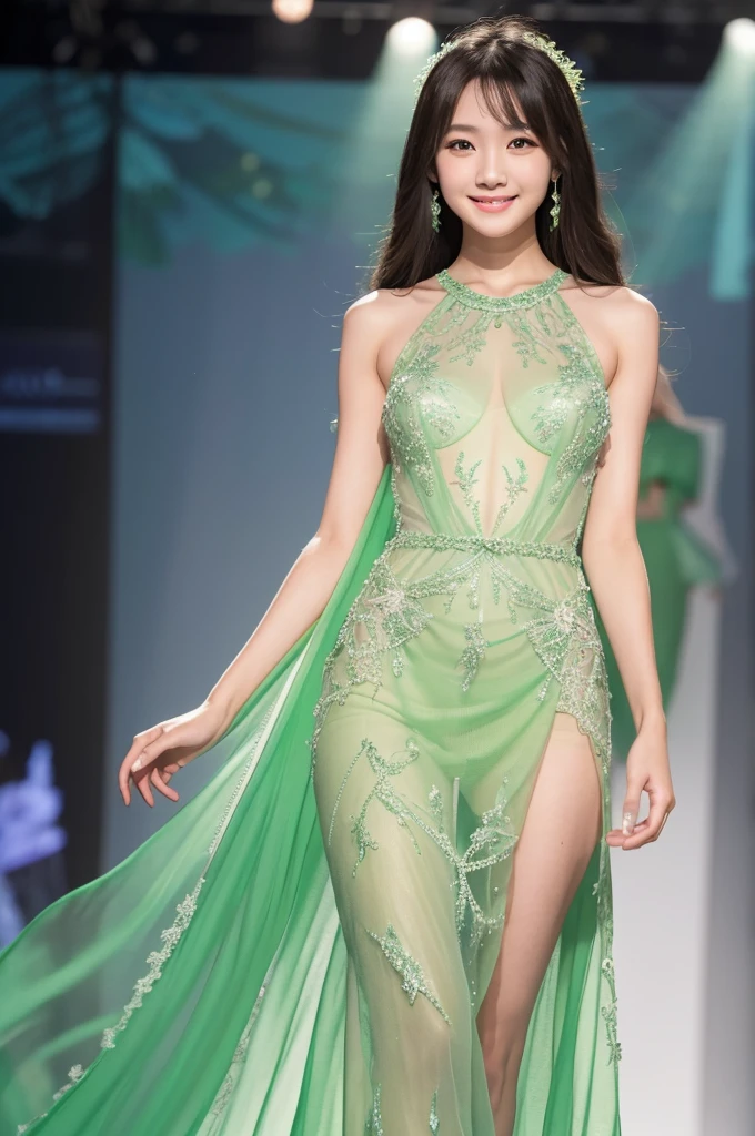 Amazingly large eyes、Smiling face、Large Bust、Slender and white skin、Long hair Japanese woman、20-year-old、Slim figure、A sexy, sheer, light green mermaid dress with a mini length and sheer lace all over.、Bright photo images、Walking towards me down the runway at a fashion show。