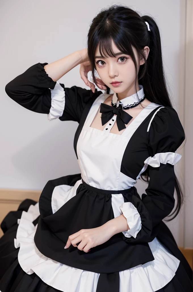 anime girl in a maid outfit with a white and black dress, anime girl in a maid costume, maid outfit, maid dress, gorgeous maid, guweiz, maid, anime girl wearing a black dress, anime cat girl in a maid costume, clean detailed anime art, wearing maid uniform, fine details. girls frontline, in dress