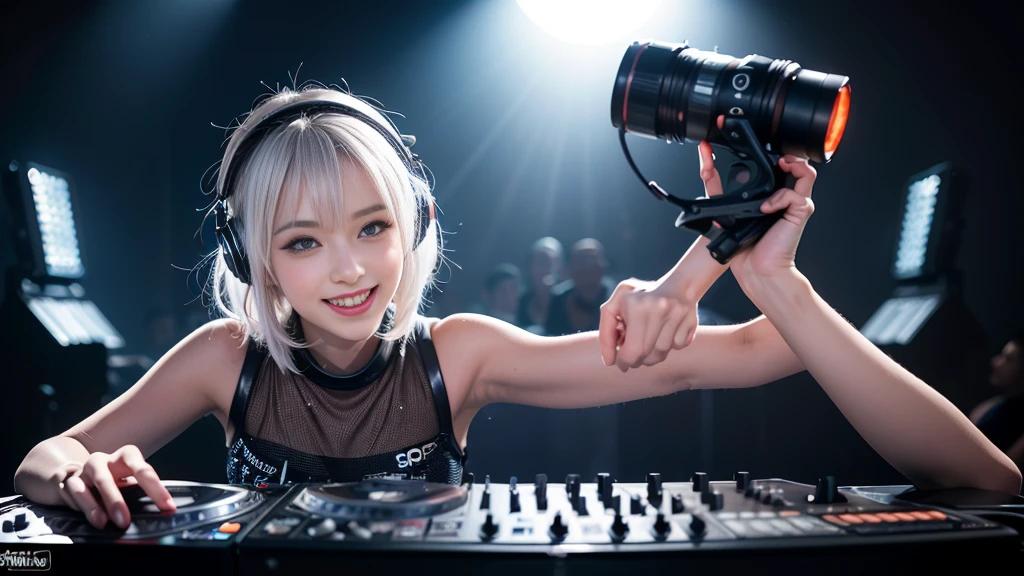 (ultra - detailed, 16K resolution, Cinema lenses, rendering by octane), (high resolution:1.18), intricate detail, (masterpiece:1.1), (highest quality:1.1), (1girl, portrait, white hair, blue eyes, short hair, detailed eyes),Wearing silver DJ headphones, Shiny silver sequined T-shirt, (Iconic hip-hop pop costumes:1.3), Smile while DJing on stage, full body shot of, The spotlight shines on the female DJ. Photorealistic photography by Disco Lighting, (cute round face:1.3), perfect fingers, five fingers, beautiful hands, perfect hands. master peace, cute smile.