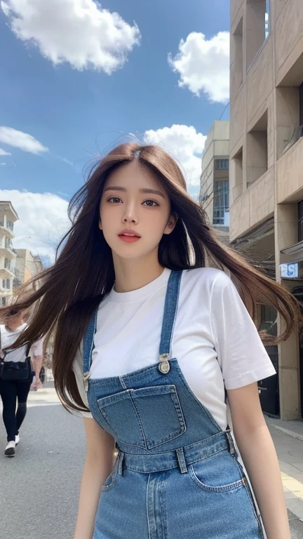 (Daytime, wonderful, 8K, masterpiece:1.3)), whole body, Long legs, focal distance: 1.2, Perfect Body Beauty: 1.4, Slim Abs: 1.1, ((Dark brown hair, Big Breasts: 1.2 )), (White Skinny T-Shirt, Denim suspenders, Are standing: 1.2), ((city, Blue sky and white clouds: 1.3)), Highly detailed face and skin texture, Fine grain, double eyelid, long hair flying