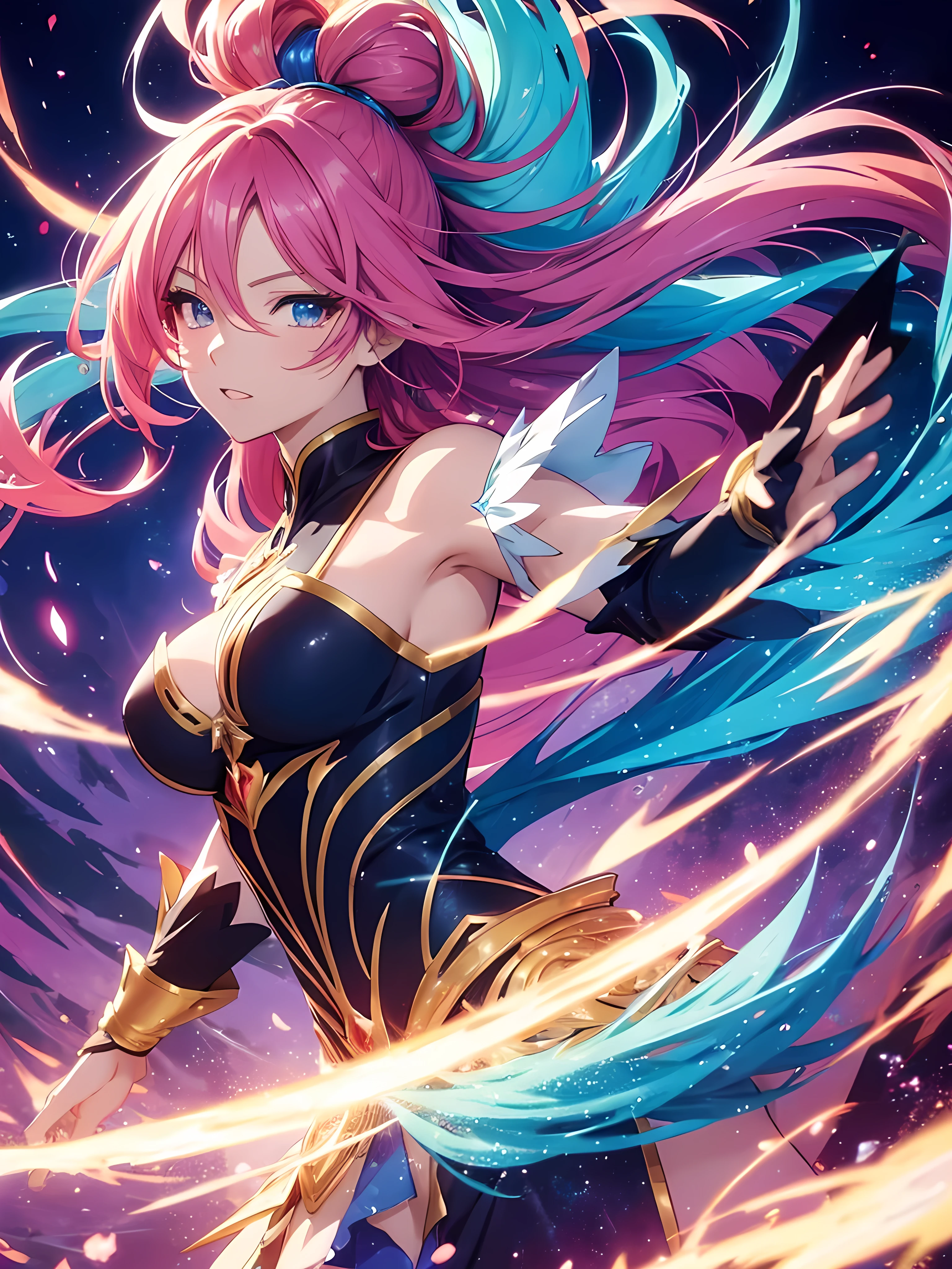 ((anime style)), (beautiful woman), vibrant colors, (dynamic pose), flowing hair, expressive eyes, (fantasy background), magical elements, glowing aura, detailed clothing, (high quality), 8k resolution, masterpiece