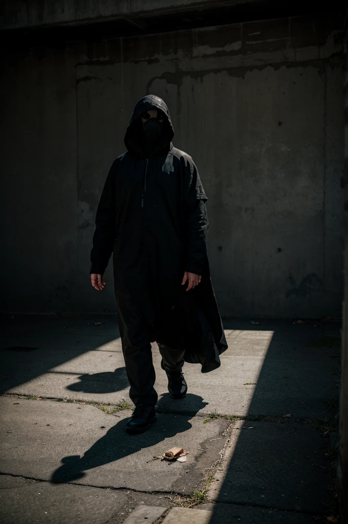 shadow figure, dark, shadow, hooded, no face, extremely dark, moving, weird room, dove flying, scary, graffiti