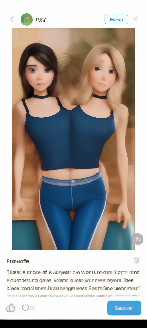 masterpiece, best quality, (black hair, longhair, blueeyes, two heads, 1girl, jeans, grey t-shirt, dark skinned female:1.2), looking at viewer, furrowed brow, smile, (two heads:1.2), SFW, sitting on chair, legs crossed, pixar