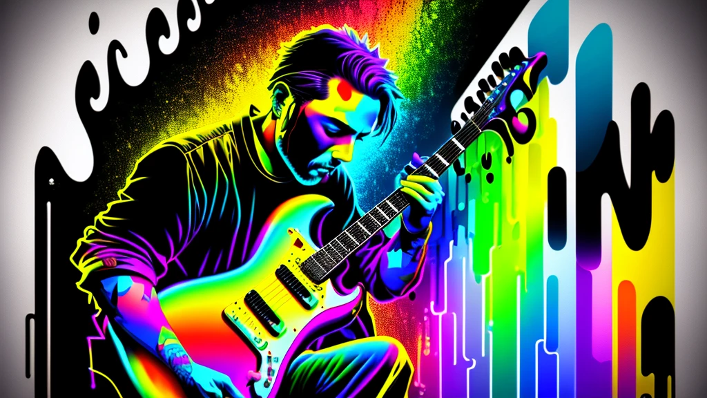 Close-up of a man playing blues guitar on a black background,  Colorful graffiti, Rainbow illustration,  Colors bleed,  computer art,  Beautiful 3D rendering, 