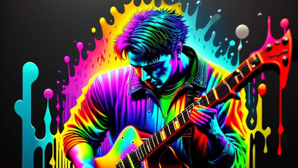 Close-up of a man playing blues guitar on a black background, Colorful graffiti, Rainbow illustration, Colors bleed, computer art, Beautiful 3D rendering,