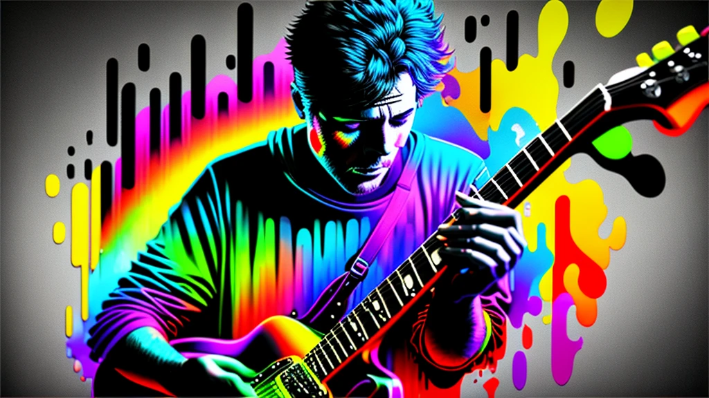 Close-up of a man playing blues guitar on a black background, Colorful graffiti, Rainbow illustration, Colors bleed, computer art, Beautiful 3D rendering,