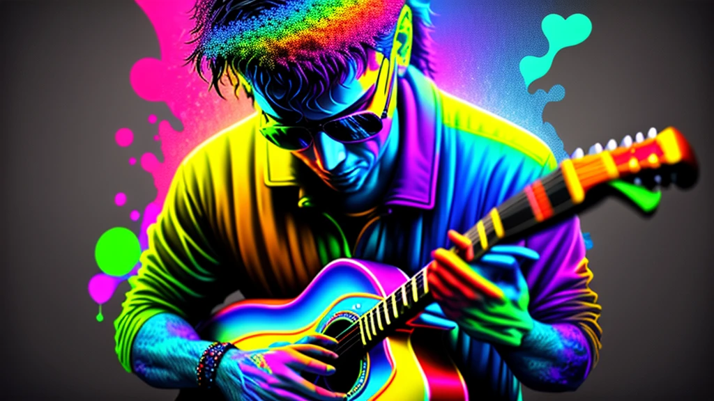 Close-up of a man playing blues guitar on a black background,  Colorful graffiti, Rainbow illustration,  Colors bleed,  computer art,  Beautiful 3D rendering, 