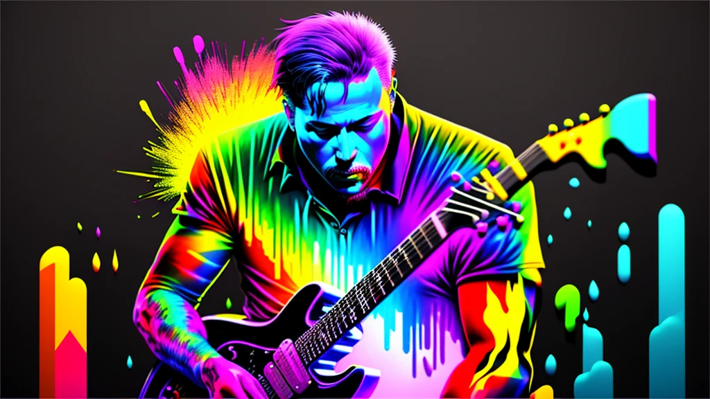 Close-up of a man playing blues guitar on a black background, Colorful graffiti, Rainbow illustration, Colors bleed, computer art, Beautiful 3D rendering,