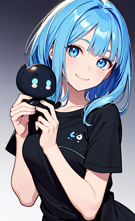 (masterpiece:1.5、Photorealistic:1.4,anime coloring:1.4、high resolution:1.4)、,(spot light:1.2、Exquisite beautiful eye:1.5,)、(stand:1.5)、()、(upper body:1.5)、
(kind eyes、tareme:1.4),()、(Cute Face)、(blue hair:1.5)、(middle hair:1.5),(sidelock :1.6),(blunt bangs:1.3),(1 girl)、(blue eyes:1.2)、(light smile:1.5),(Face up:1.5)、(solo)、() ,(),(small breasts),(),(black t-shirt:1.5),()、()、()、Slim Body(),Shiny Hair、girl、