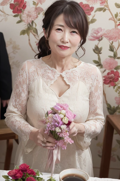 A calm and mature 55 year old Japanese woman, Married women, Delicate features, Long eyelashes, Sparkling eyes, Low Ponytail, Red lipstick, Rosy Cheeks, Makeup, elegant, Candid pose, Noble dress, ((whole body)), Party Venue, wallpaper, (Highest quality,8K,High resolution,masterpiece:1.2),