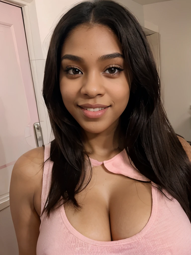 Black girl , straight hair , big eyes , brown eyes , thick body, sexy body ,curvy body  , real , human, wearing a pink casual outfit with a smile at her lips looking so sexy 
