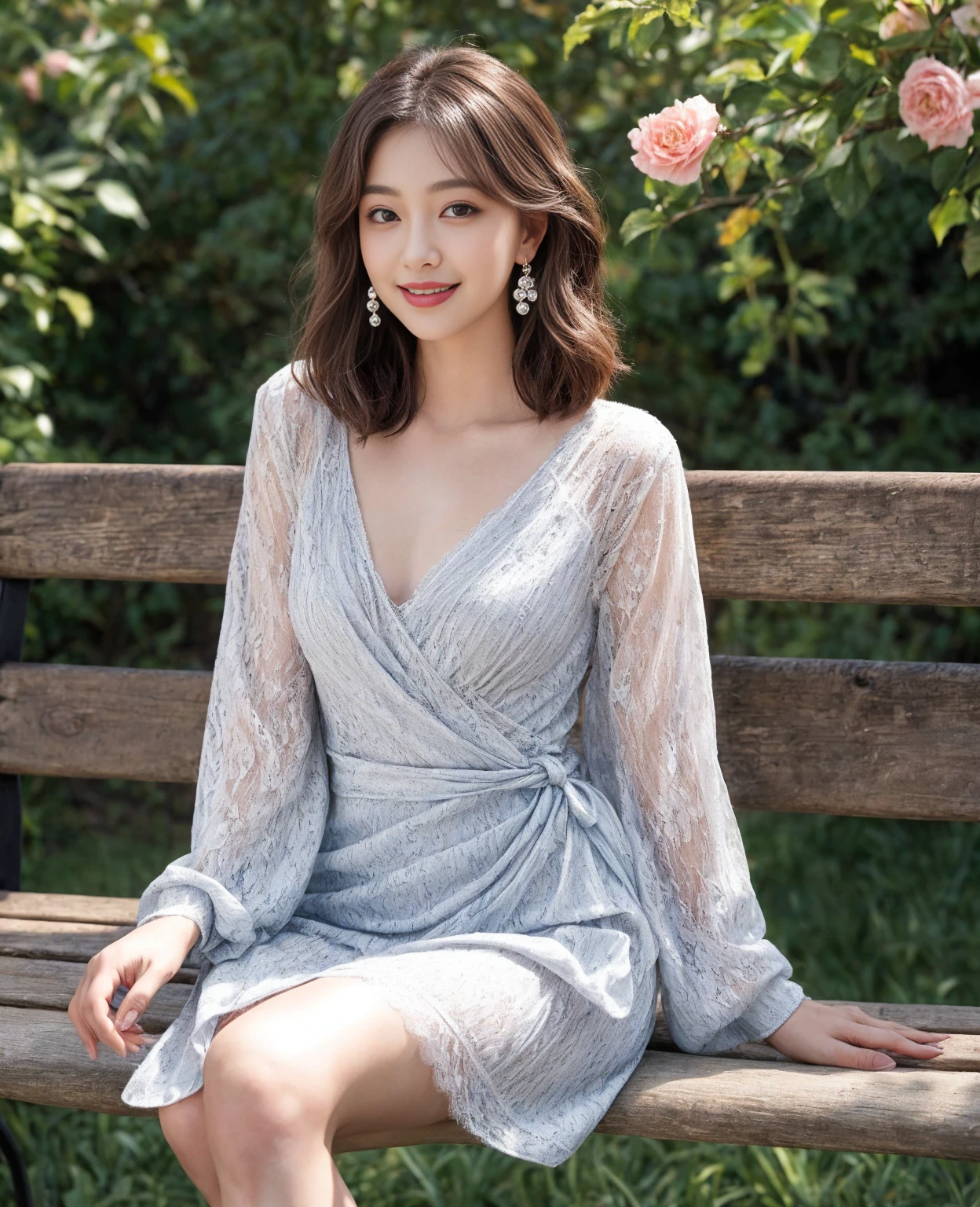 Photo-realistic quality、A 20-year-old Japanese female idol sitting on a chair wearing high heels, Elegant Dresses, Translucent grey dress, Romantic Dress, Royal elegant pose, Feminine girly dress, Cute and elegant pose, wearing an Elegant Dresses, brocade dress, Japan Fashion Model, Baroque Dress, Wearing a silver dress, Gorgeous Young Japanese Woman、looking at the camera、Detailed and beautiful eyes、Cute smile、Relaxed and gentle expression
