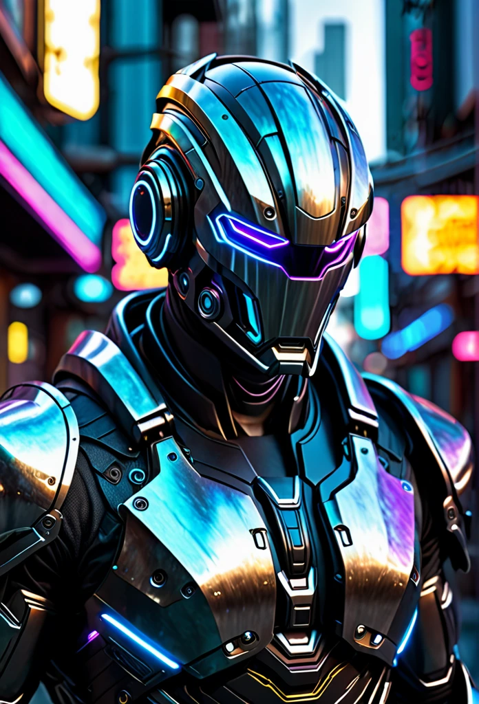 a muscular cyberpunk, futuristic cosmic robot faceless helmet, masculine design, wearing cyberpunk street clothes, highly detailed, cinematic lighting, photorealistic, hyper realistic, 8k,ultra detailed, intricate details, advanced technology, half body portrait