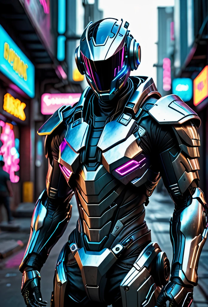 a muscular cyberpunk, futuristic cosmic robot faceless helmet, masculine design, wearing cyberpunk street clothes, highly detailed, cinematic lighting, photorealistic, hyper realistic, 8k,ultra detailed, intricate details, advanced technology, half body portrait
