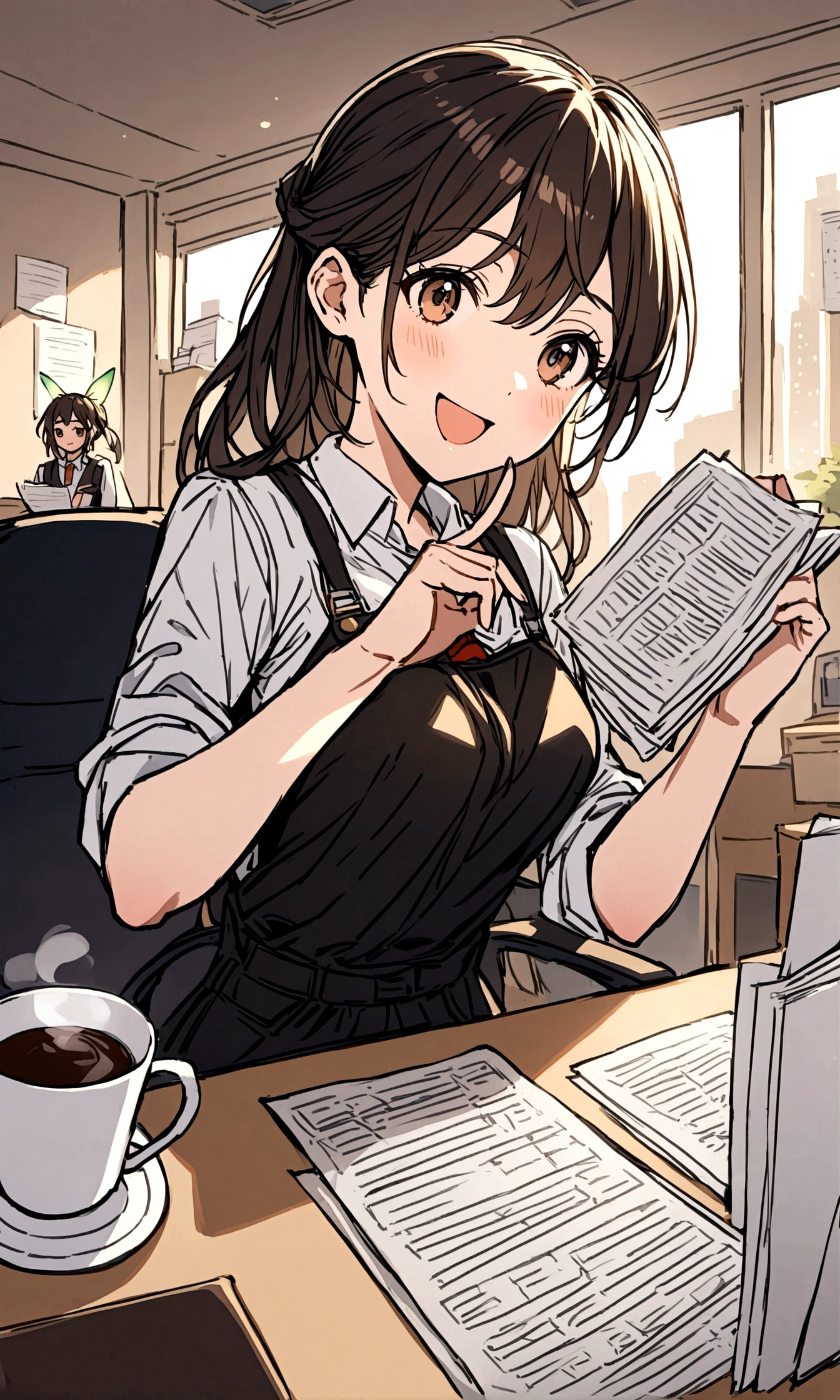 A cheerful little fairy flies above the heads of office workers, holding up documents in her hands. The workers look up from their computers and smile. The office is bright and airy, and the windows offer a view of the city outside. The fairy's documents contain new ideas and presentations that will motivate the workers. The workers' desks are cluttered with coffee cups and papers. Overall, the image conveys a lively scene in a bustling office.
Keywords: office, fairy, documents, smile, cheerful, lively
Additional notes:
* The fairy's wings should sparkle.
* The workers should be of different genders and ethnicities.
* The office should be modern and well-lit.