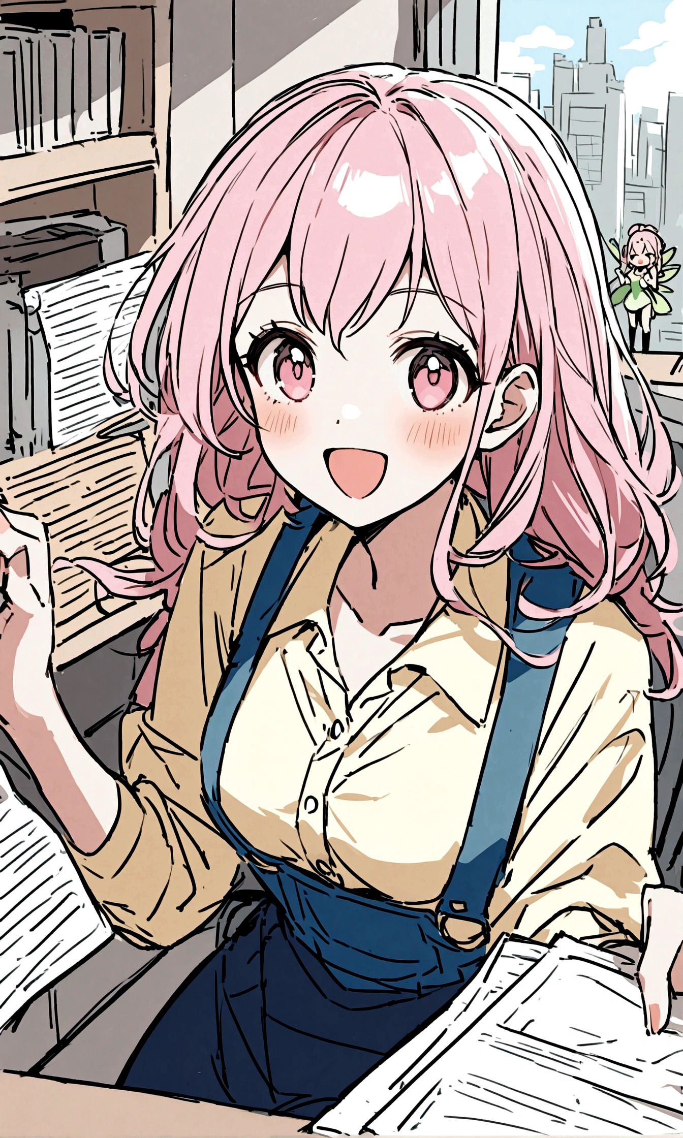 A cheerful little fairy flies above the heads of office workers, holding up documents in her hands. The workers look up from their computers and smile. The office is bright and airy, and the windows offer a view of the city outside. The fairy's documents contain new ideas and presentations that will motivate the workers. The workers' desks are cluttered with coffee cups and papers. Overall, the image conveys a lively scene in a bustling office.
Keywords: office, fairy, documents, smile, cheerful, lively
Additional notes:
* The fairy's wings should sparkle.
* The workers should be of different genders and ethnicities.
* The office should be modern and well-lit.