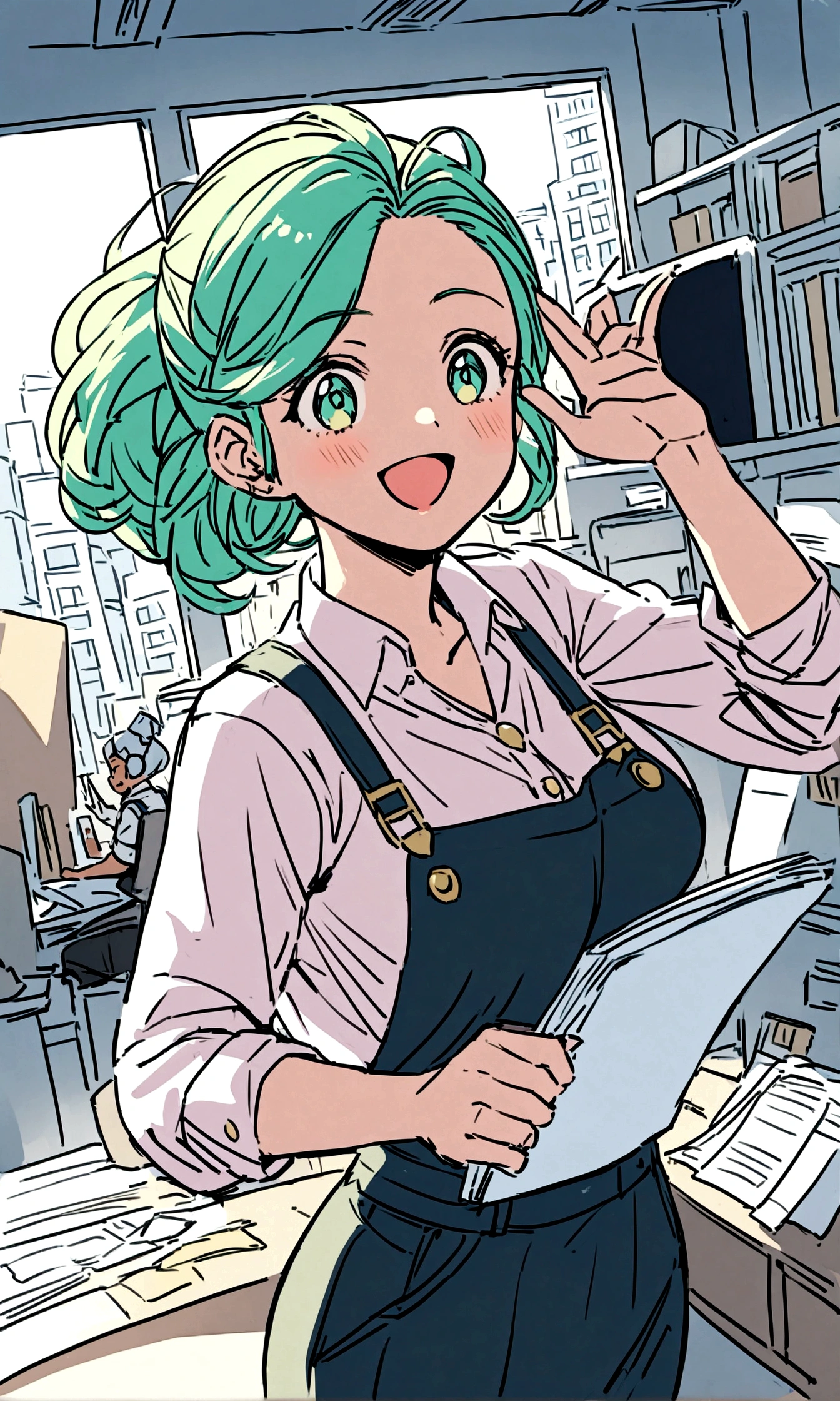 A cheerful little fairy flies above the heads of office workers, holding up documents in her hands. The workers look up from their computers and smile. The office is bright and airy, and the windows offer a view of the city outside. The fairy's documents contain new ideas and presentations that will motivate the workers. The workers' desks are cluttered with coffee cups and papers. Overall, the image conveys a lively scene in a bustling office.

Keywords: office, fairy, documents, smile, cheerful, lively

Additional notes:
* The fairy's wings should sparkle.
* The workers should be of different genders and ethnicities.
* The office should be modern and well-lit.