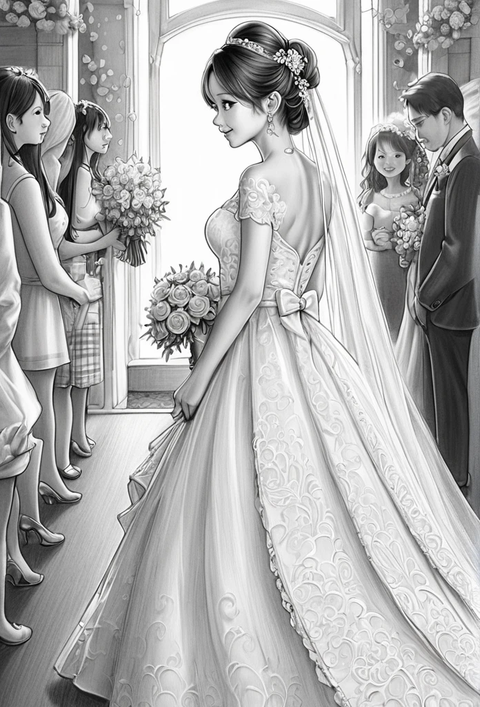 BREAK Perfect Anatomy、(High resolution:1.2)、Incredible illustrations、(Cute illustrations:1.2)、(beautiful ass)（Beautiful background）Bride walking down the aisle　(pencil drawing:2.0)