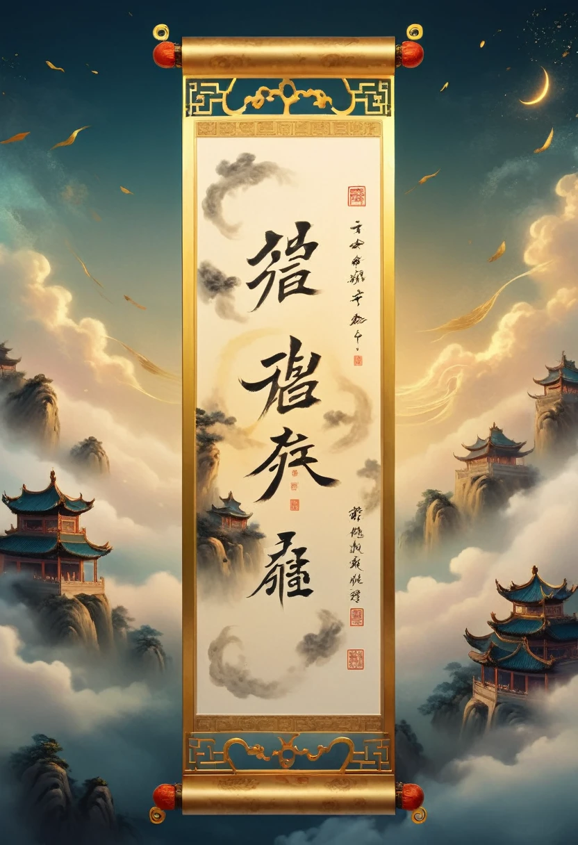 A long scroll floating in the sky, ancient chinese calligraphy, ornate golden frame, magical realism, ethereal atmosphere, vibrant colors, dramatic lighting, intricate details, photorealistic, 8k, high quality, masterpiece