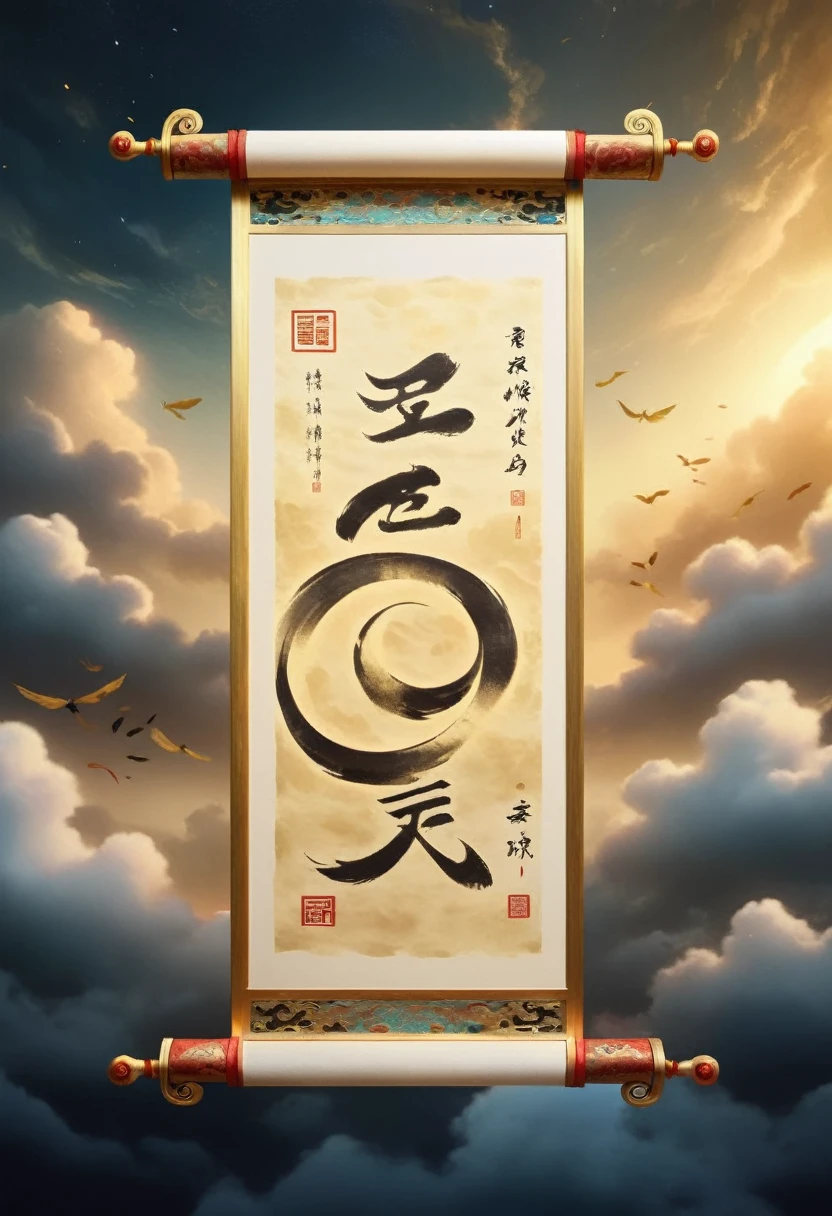 A long scroll floating in the sky, ancient chinese calligraphy, ornate golden frame, magical realism, ethereal atmosphere, vibrant colors, dramatic lighting, intricate details, photorealistic, 8k, high quality, masterpiece