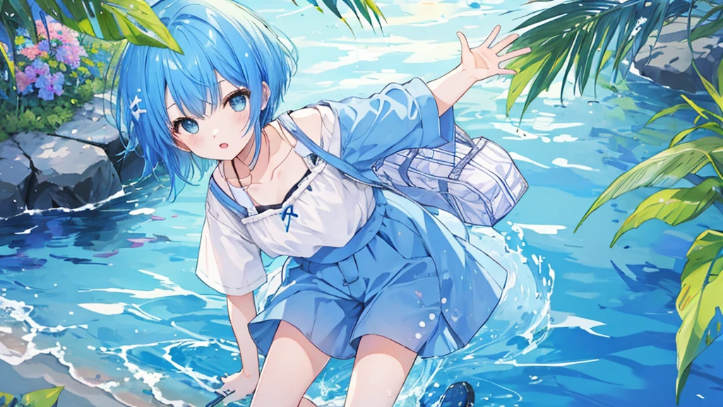 Girl、Blue hair short、Summer clothes