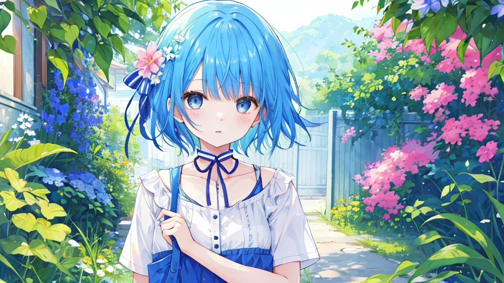 Girl、Blue hair short、Summer clothes