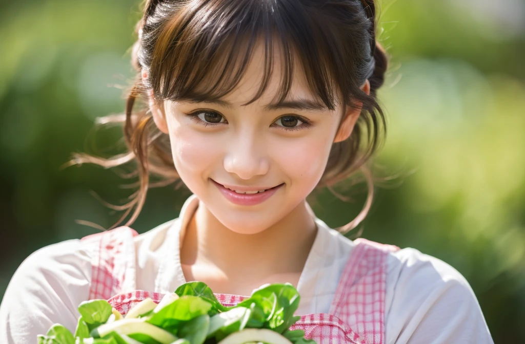 Medium Size Display, Medium Shot, Written boundary depth, bust, Upper Body, Movie angle, masterpiece, highest quality, Very detailed, CG, 8k wallpaper, Beautiful Face, Delicate eyes, Otome, alone, smile, Divide the salad、cute、Pink Apron