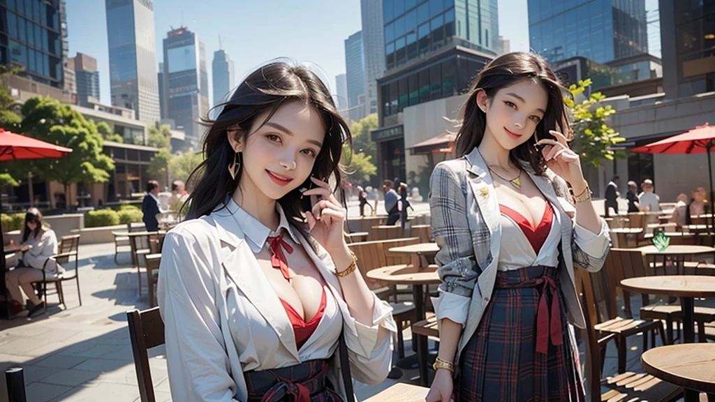 8K、RAW Photos、Highest quality、Super detailed、Super Resolution、Ultra HD、8K壁紙、Amazing details blazer uniform girl ((White blouse with formal collar, A nice red blazer, Black plaid skirt, Red checkered ribbon on blouse)), Complete limbs, Full Finger,
((((Inside the Starbucks store))))、16 year old female student、(((Eat cake、Drink coffee、smile)))、Heart Necklace、Gold bracelet
((Emphasize cleavage))
((((Woman sitting at the window seat))))