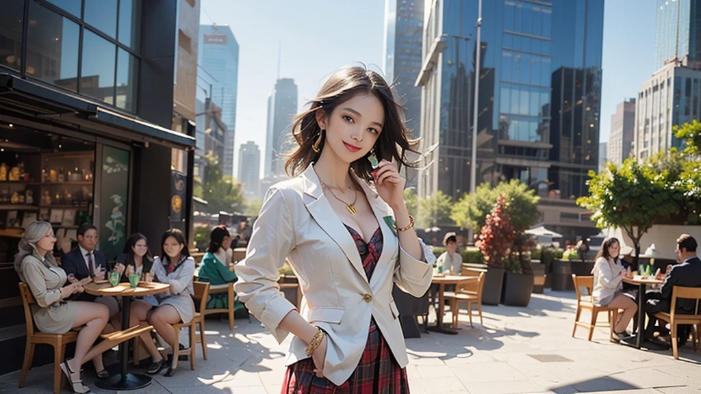 8K、RAW Photos、Highest quality、Super detailed、Super Resolution、Ultra HD、8K壁紙、Amazing details blazer uniform girl ((White blouse with formal collar, Blue Blazer,
Red Check Skirt, Red checkered ribbon on blouse)), Complete limbs, Full Finger,
((((((Starbucks outdoor cafe among skyscrapers))))))、((16 year old female student))、(((((Eat cake、smile)))))、(((Heart Necklace、Gold bracelet)))
((((Having a Starbucks Coffee))))
(((Emphasize cleavage)))
(((((Ferrari 488)))))
((((Full body photo、The whole body is visible、Full body portrait))))