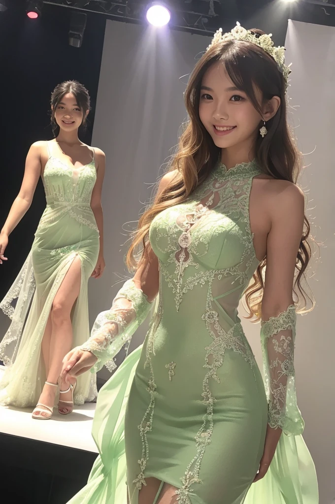 Amazingly large eyes、Smiling face、Large Bust、Slender and white skin、Japanese woman with long wavy hair、20-year-old、Slim figure、A sexy, sheer, light green mermaid dress with a mini length and sheer lace all over.、Bright photo images、Walking towards me down the runway at a fashion show。