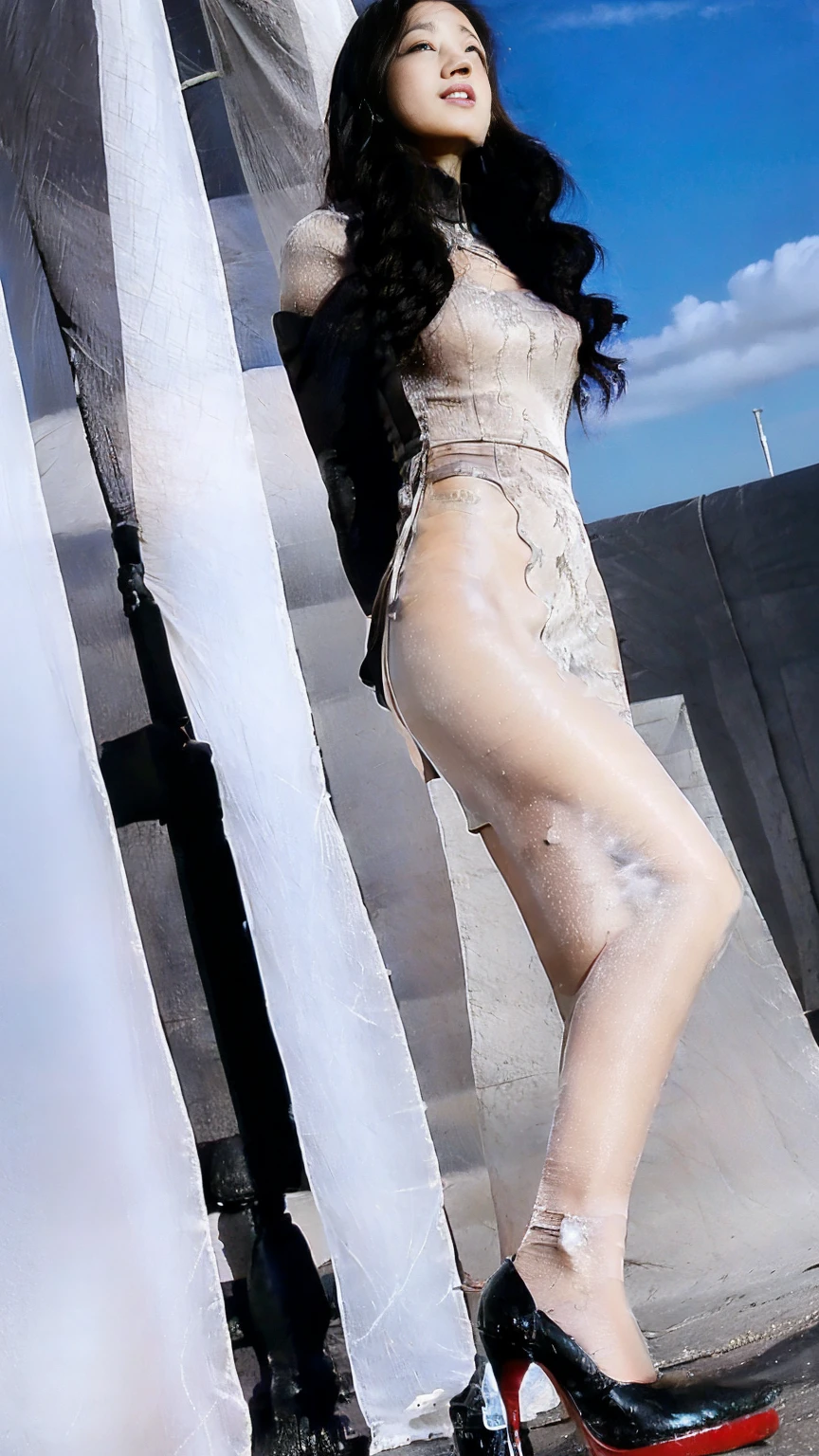 (absurdres:1.2),(slender:1.2),(full_shot:1.3),1girl,(white pantyhose:1.1),Chinese cheongsam, mini skirt,outdoors,sunshine,stiletto_heels,standing,