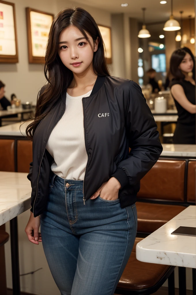 8K,high quality,high resolution,(tall),Plump,(Beautiful woman in her 20s),(),(cafes),(Jacket),(),(),(),(),