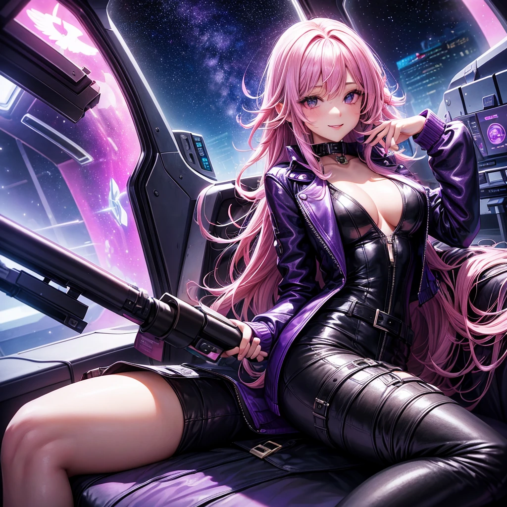 A young sexy woman with long purple,Absurd,mysterious, hair and sexy clothes sits in a spaceship seat、A beautiful starry sky can be seen from the window.。smile，leather jacket，Future Fashion，Angel Girl，Pink Hair，Horny girl，High-dimensional beautiful girl，Multidimensional beautiful girl，colorful hair colors