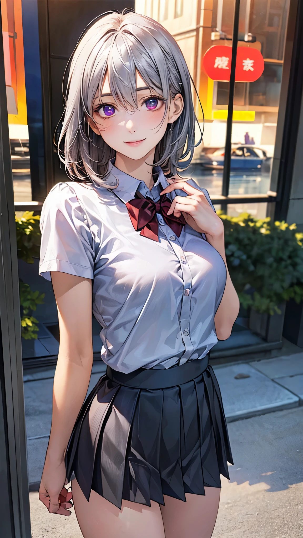 (masterpiece:1.2, top-quality), (realistic, photorealistic:1.4), beautiful illustration, (natural side lighting, movie lighting), nsfw, 
looking at viewer, 1 girl, japanese, high school girl, ((girl with a sparrow on her shoulder)), perfect face, cute and symmetrical face, shiny skin, 
(short hair:1.5, lob hair:1.2, silver hair), hair between eyes, purple eyes, long eye lasher, (medium breasts), slender, dark red hair ribbon, 
beautiful hair, beautiful face, beautiful detailed eyes, beautiful clavicle, beautiful body, beautiful chest, beautiful thigh, beautiful legs, beautiful fingers, 
((white collared shirts, grey box pleated mini skirt), dark red bow tie), 
(beautiful scenery), evening, (riverside), walking, (lovely smile, open mouse slightly), 