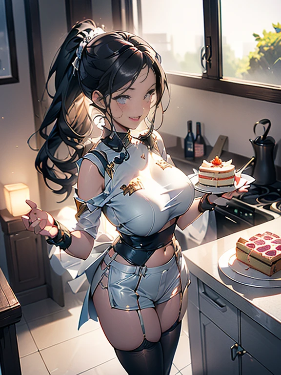 (dynamic angle:1.3, front view:1.1, breast focus:1.3, from above:1.1), (dynamic posing:1.2, sexy posing:1.2), (seductive smiling:1.3), ((looking at cake,Taking a cake out of the golden oven, worried about the outcome:1.2)),highest quality、(real、photorealistic:1.4),(ultra high resolution, 8K RAW photo, clear focus), best qualtiy, natural lighting, field depth, (Bright pupils, detailed beautiful eyes, high detailed face), Red lip, (tight focus:1.2), a girl 22yo old, Wearing a pastry chef uniform:1.3 , Thicc, thin breast, long hair, blue eyes,garter stocking, cleavage:1.2, midriff, black shorts, black thighhighs, thigh strap, pretty girl, (highly detailed beautiful face and eyes,firm breasts),real skin,((black,hair,long pony tail hair)),thin pubic hair,cute,lovely, detailed eyes,(double breasted:1.0,under bust:1.0),(with sparkling eyes and a contagious smile),open mouth, Looking at Viewer,A scene of cooking in the kitchen,looking at the golden oven 