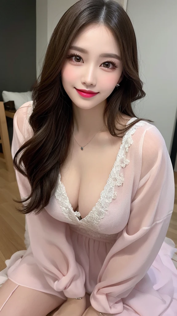 Highest quality, figure, Super detailed, In detail, High resolution, 32k wallpapers, Perfect dynamic composition, Beautiful attention to detail, Random top model dresses,Long Curly Hair, Center of chest,Big beautiful cat-like eyes, Cute Button Nose, Small and fairly full lips, Thick eyebrows and long, beautiful eyelashes. Show your forehead,Transparent throughout makeup, Paint your cheeks pink,Dark eyeliner,Lip gloss makes it sparkle. Random sexy kneeling poses,smile,white and clean teeth,(Full body shot),Influencer,