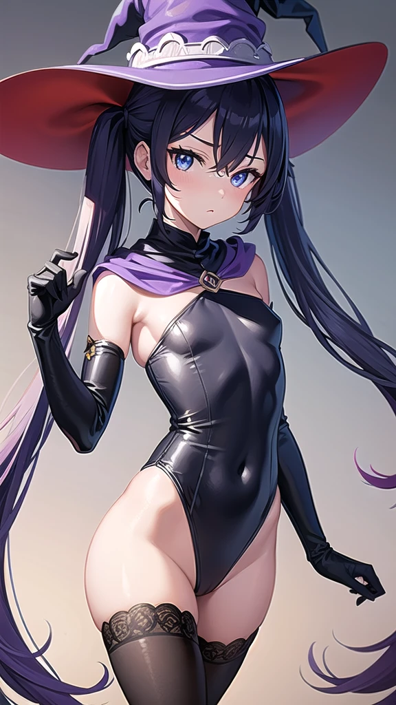 monamegistus, mona, blue eyes, hair between eyes, twintails, very long hair, purple hair, hat, (small breast:1.2), witch hat,
BREAK black bodysuit, black gloves, blue sleeves, bodysuit, capelet, covered navel, detached sleeves, gloves, high heels, leotard, long hair, long sleeves, multicolored sleeves, purple capelet, purple sleeves, strapless, strapless leotard,
BREAK outdoors, city,
BREAK looking at viewer, (cowboy shot:1.5),
BREAK (masterpiece:1.2), best quality, high resolution, unity 8k wallpaper, (illustration:0.8), (beautiful detailed eyes:1.6), extremely detailed face, perfect lighting, extremely detailed CG, (perfect hands, perfect anatomy),