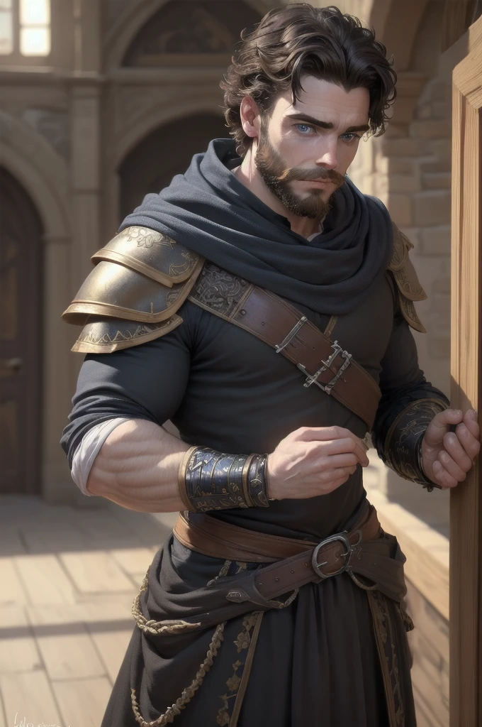(best quality, masterpiece:1.4), 1boy, upperbody, scalemail, leather armor, robes, BREAK, black hair, medium hair, messy hair, BREAK, deep blue eyes, glowing eyes, BREAK, beard stubble, facial hair, closed mouth, BREAK, (Richard Madden:0.7), absurdres, intricate details, male focus, eye focus