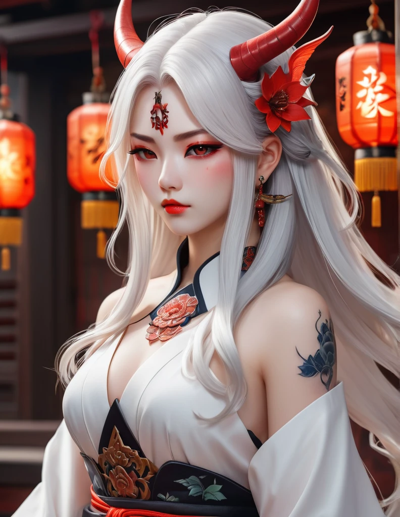 quality(8k wallpaper of extremely detailed CG unit, ​masterpiece, hight resolution, top-quality, top-quality real texture skin,hyper realisitic, digitial painting,increase the resolution,RAW photos，best qualtiy,highly detailed,the wallpaper),BREAK,8K, onmyoji-style art,  white long hair , devil girl, owel tattoos, white  dress, full face, close up shot,  