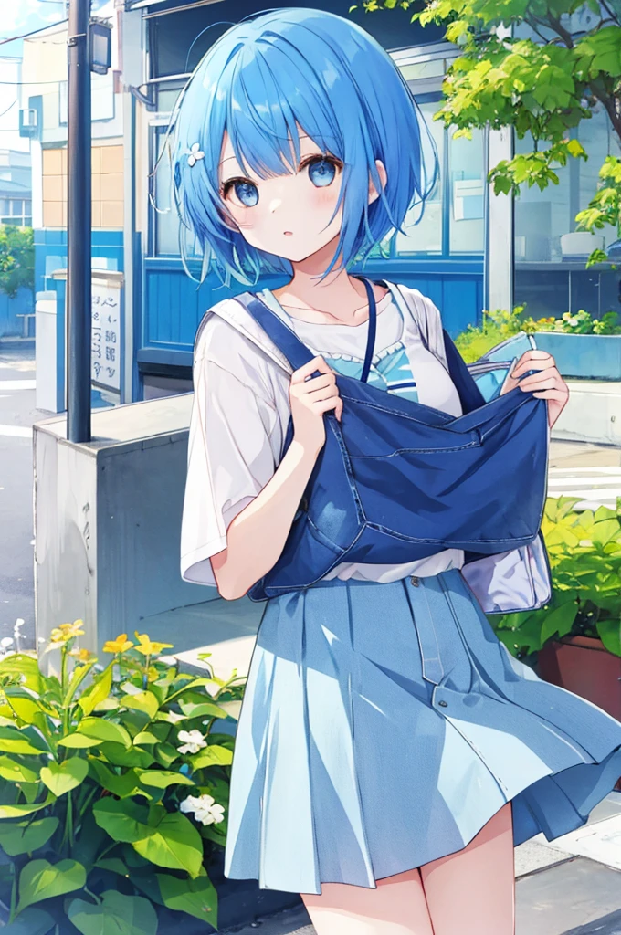 Girl、Blue hair short、Summer clothes