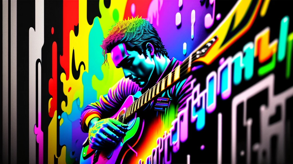 Close-up of a man playing blues guitar on a black background, Colorful graffiti, Rainbow illustration, Colors bleed, computer art, Beautiful 3D rendering,