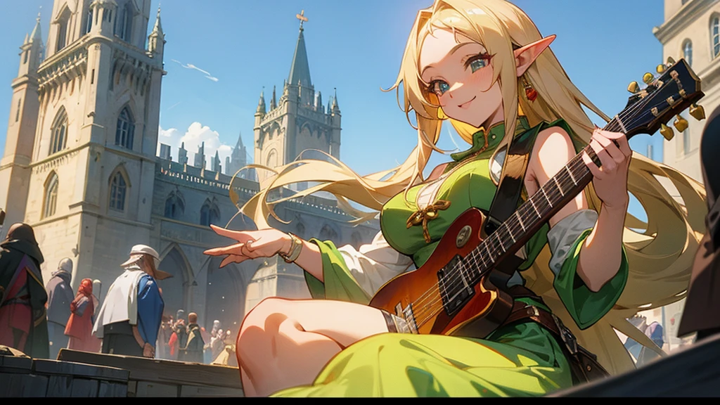 Anime Style,Nostalgic,Detailed background,The medieval world,A bustling square with many people,Smiling bard beautiful elf girl,guitar,Large Breasts,Underarm,Tower of Babel
